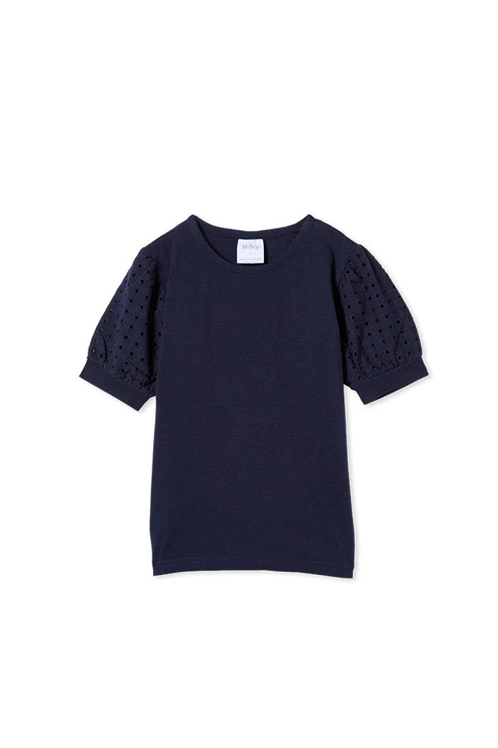 Milky Navy Broderie Sleeve Tee