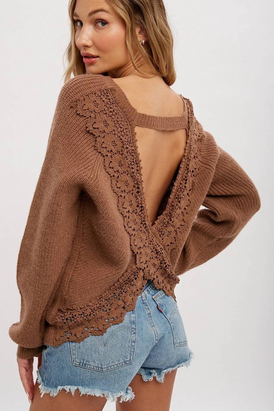 Mocha Back Cutout Lace Accent Sweater