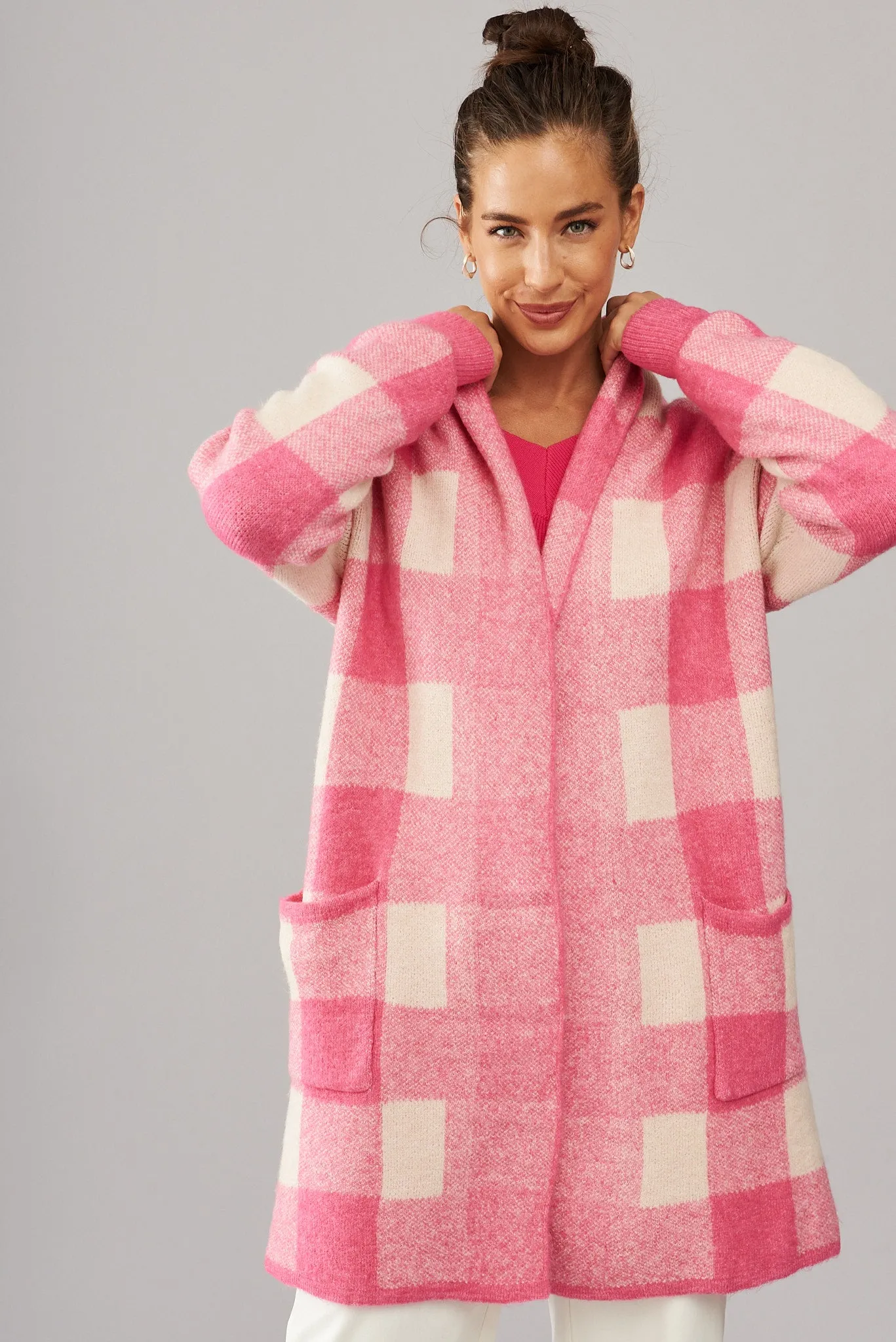 Morden Knit Cardigan In Pink Gingham Wool Blend