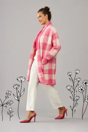 Morden Knit Cardigan In Pink Gingham Wool Blend