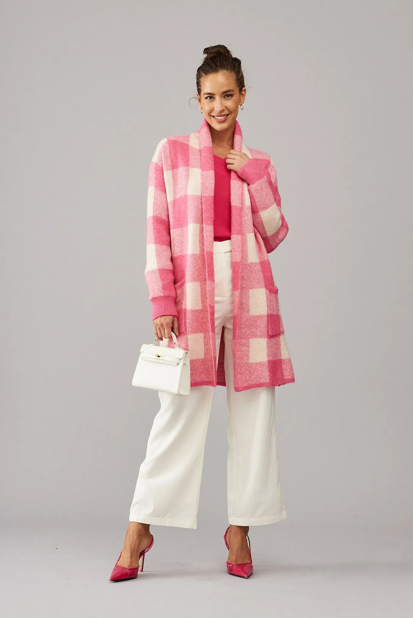 Morden Knit Cardigan In Pink Gingham Wool Blend