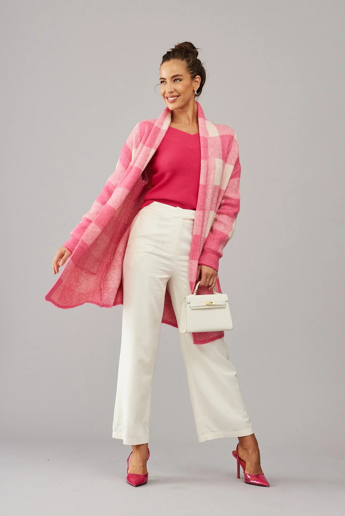 Morden Knit Cardigan In Pink Gingham Wool Blend