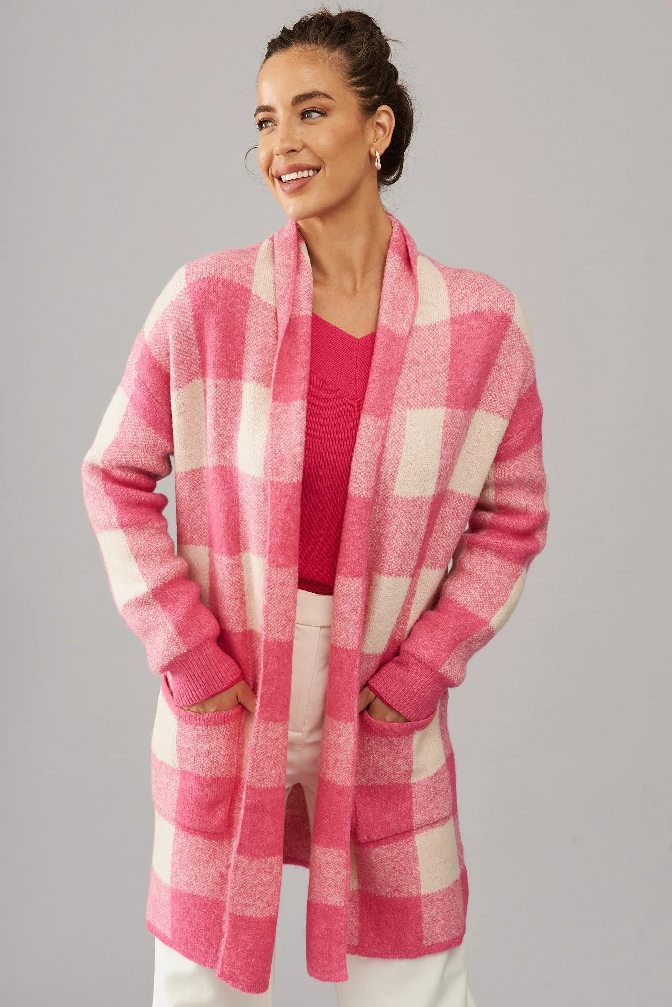 Morden Knit Cardigan In Pink Gingham Wool Blend