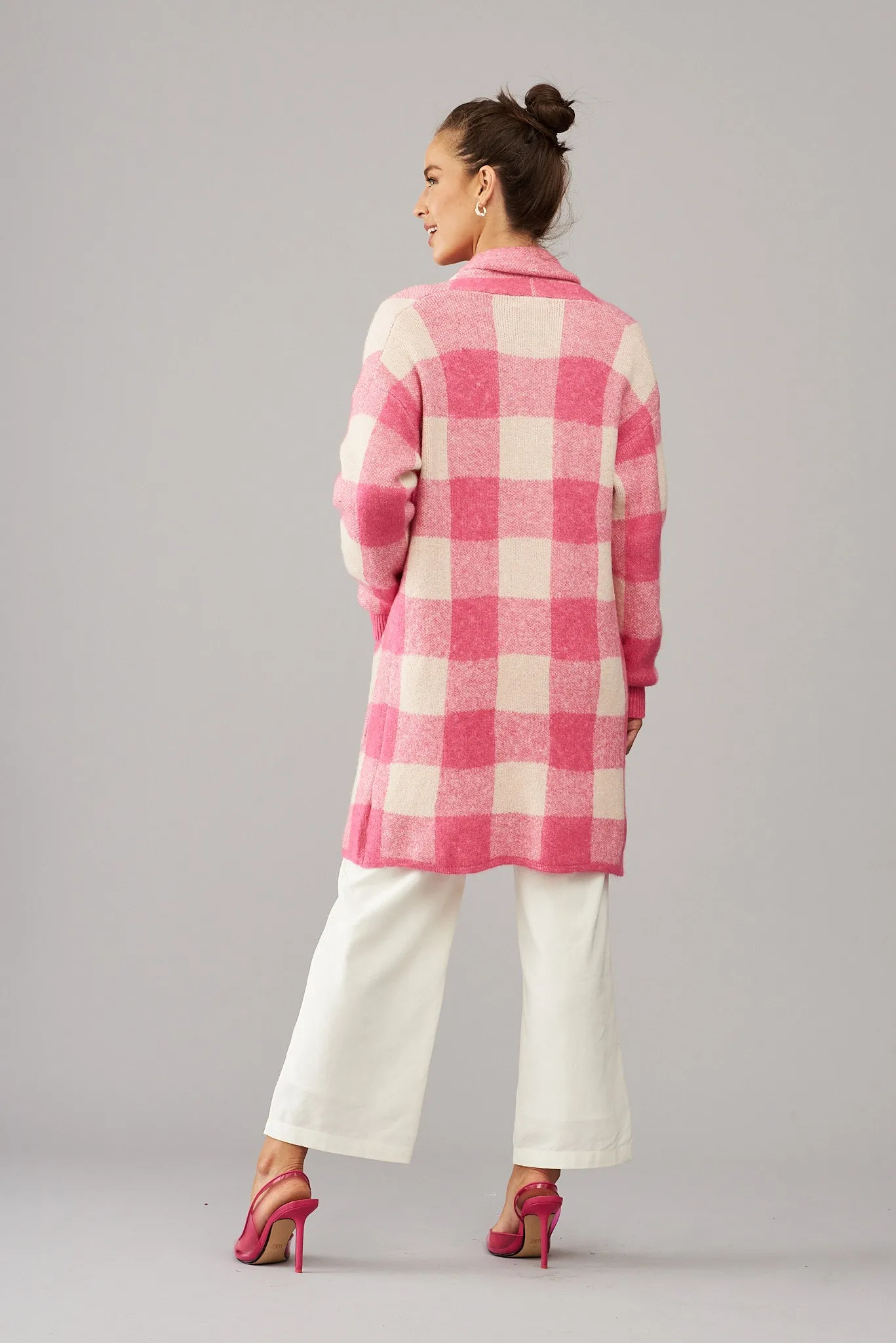 Morden Knit Cardigan In Pink Gingham Wool Blend