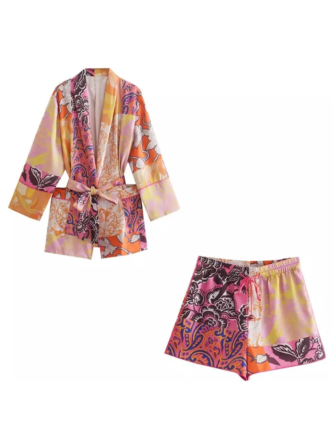 Multi Print Kimono Shorts Set