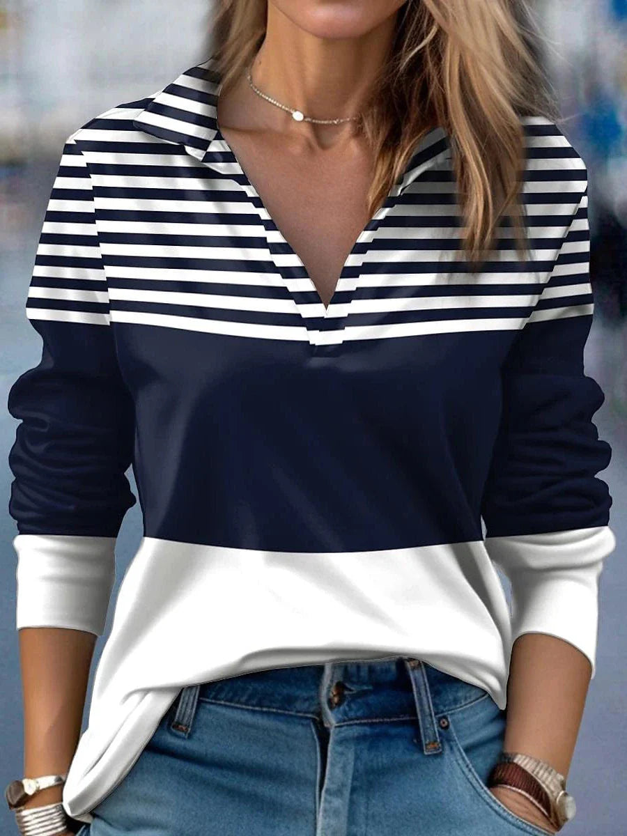 Navy Blue Striped Color Block Long Sleeve Tee for Women