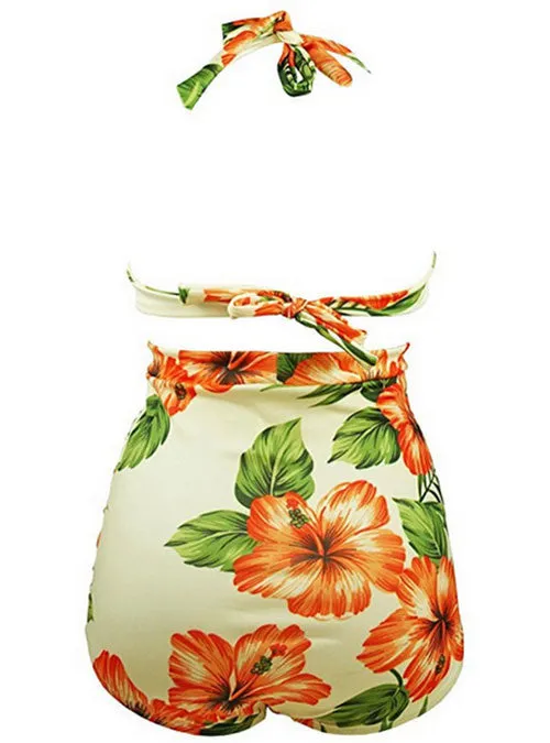 Orange Floral Printed Ruched High Waist Plus Size Halter Bikini Swimsuits