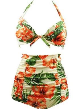 Orange Floral Printed Ruched High Waist Plus Size Halter Bikini Swimsuits