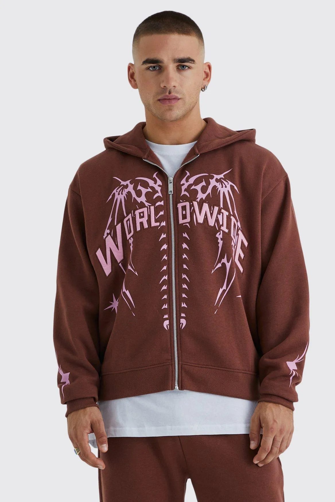 Oversized Boxy Zip Through Worldwide Hoodie | boohooMAN UK