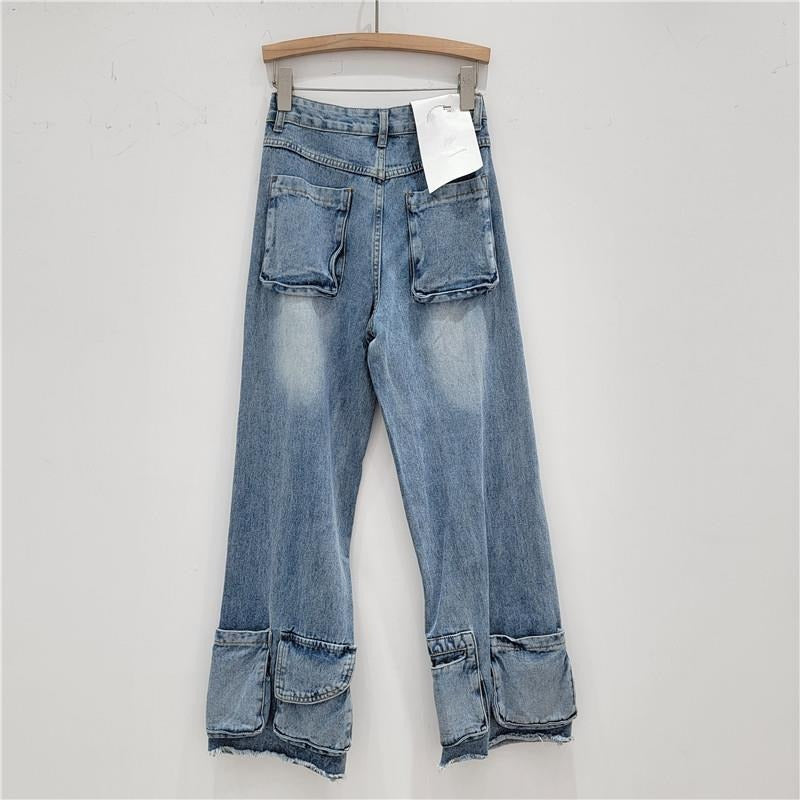 Patchwork Pocket High Waist Spliced Button Loose Jeans