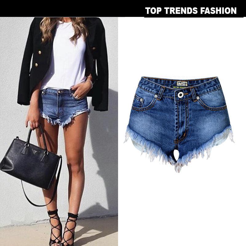 Personalized High-Waist Washed White Denim Cropped Beard Edge Pocket Shorts Slimming