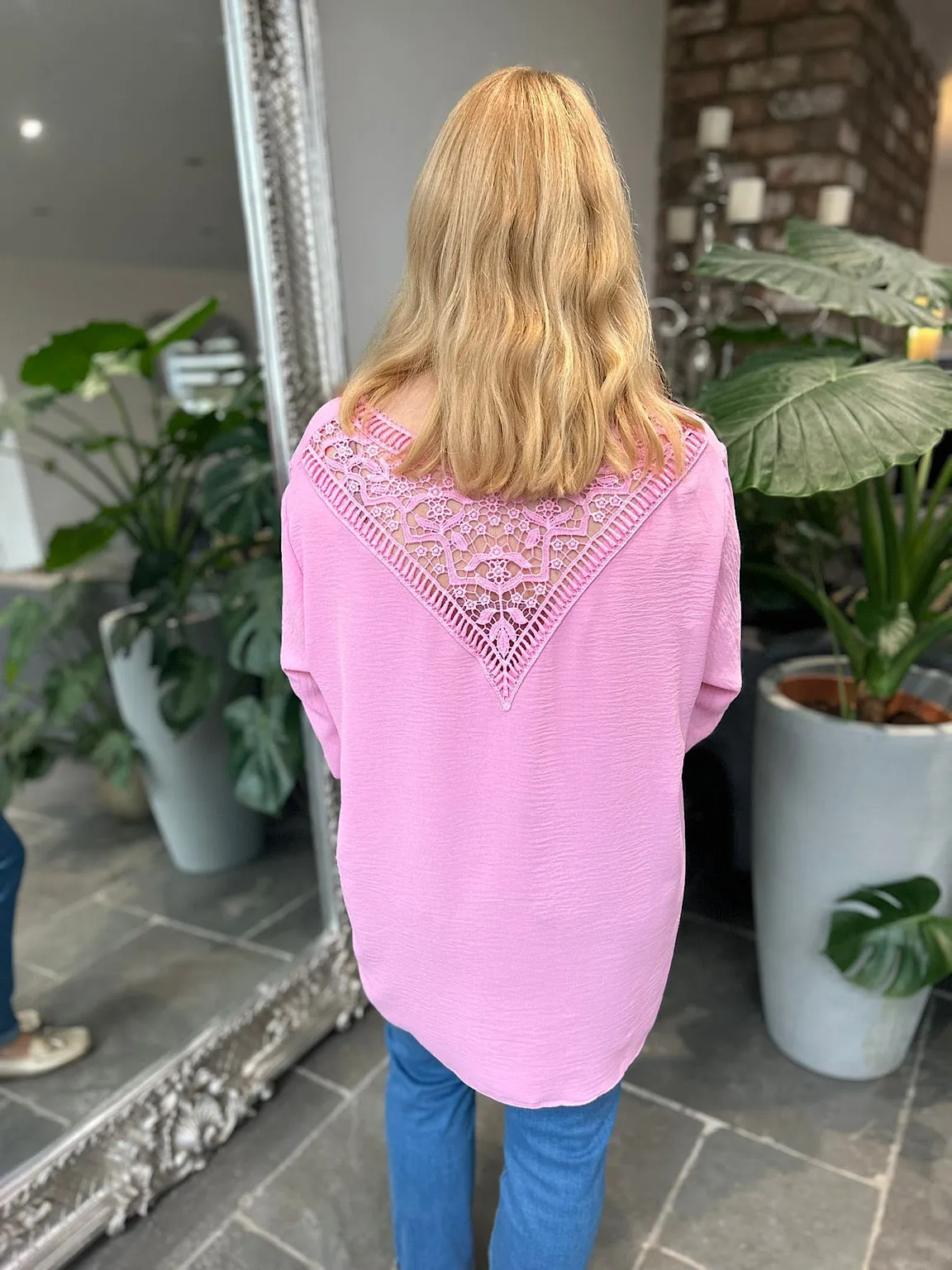 Pink Crochet Back Detail Crepe Top Holly