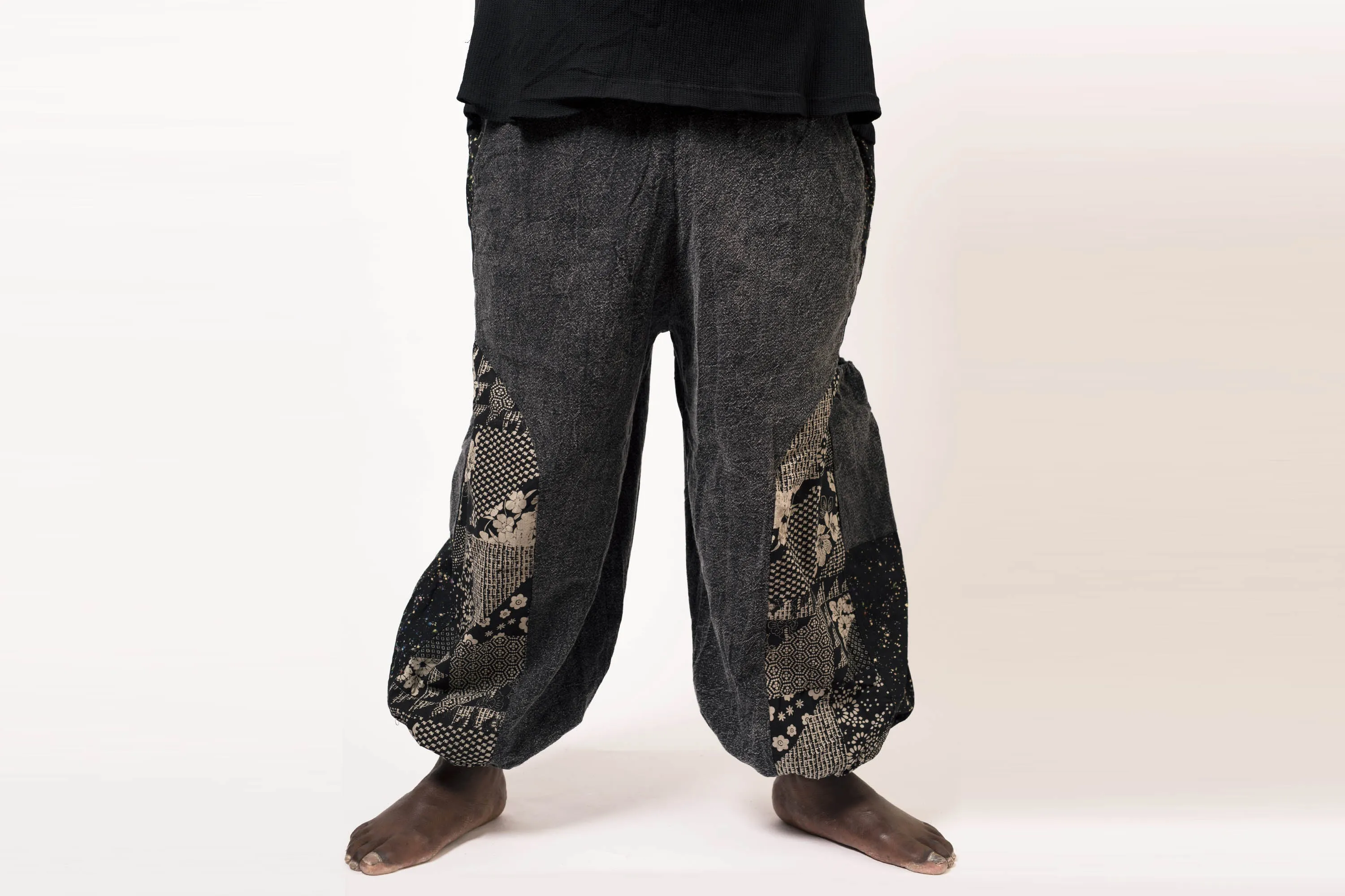 Plus Size Stone Washed Patchwork Men Unisex Pants in Black