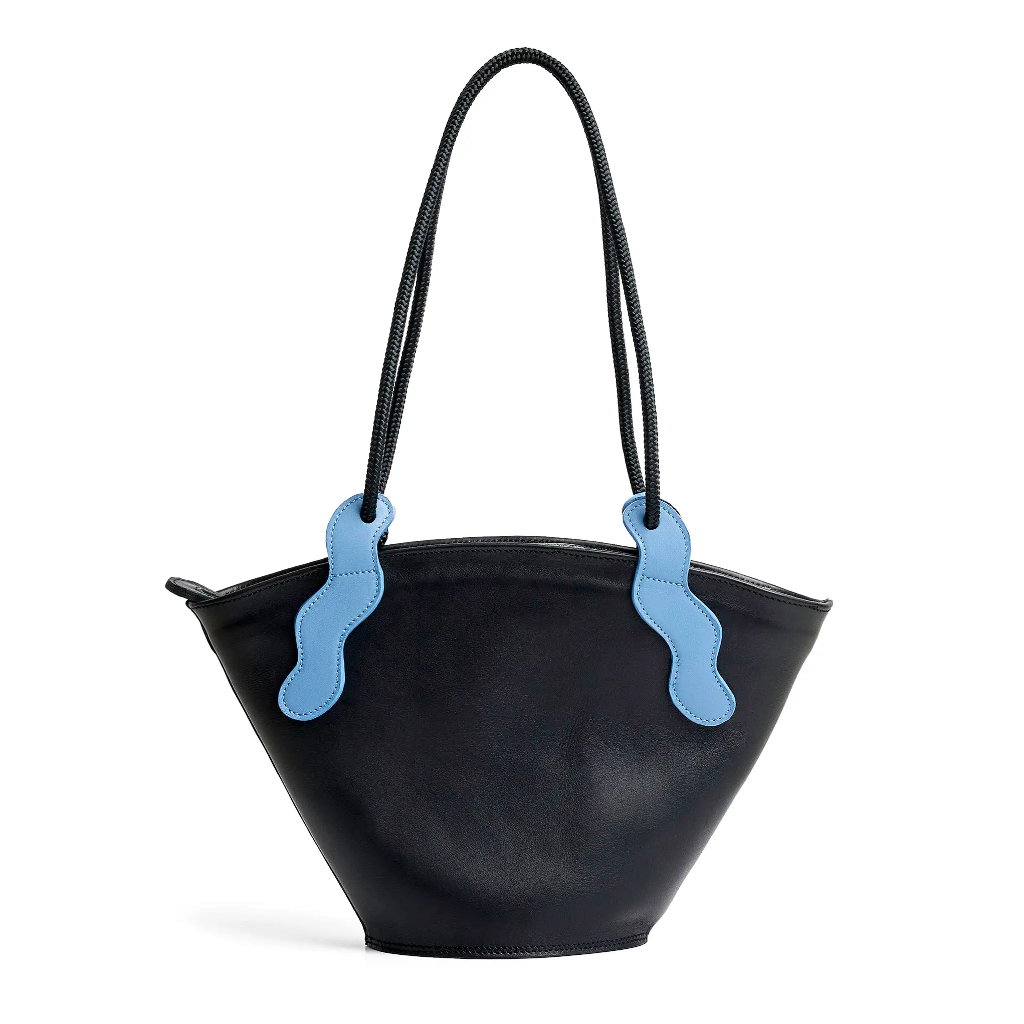 Project Dyad || Black Color trapeze-shaped cow leather Inner small pocket Rope handle Emele Zipper Bag