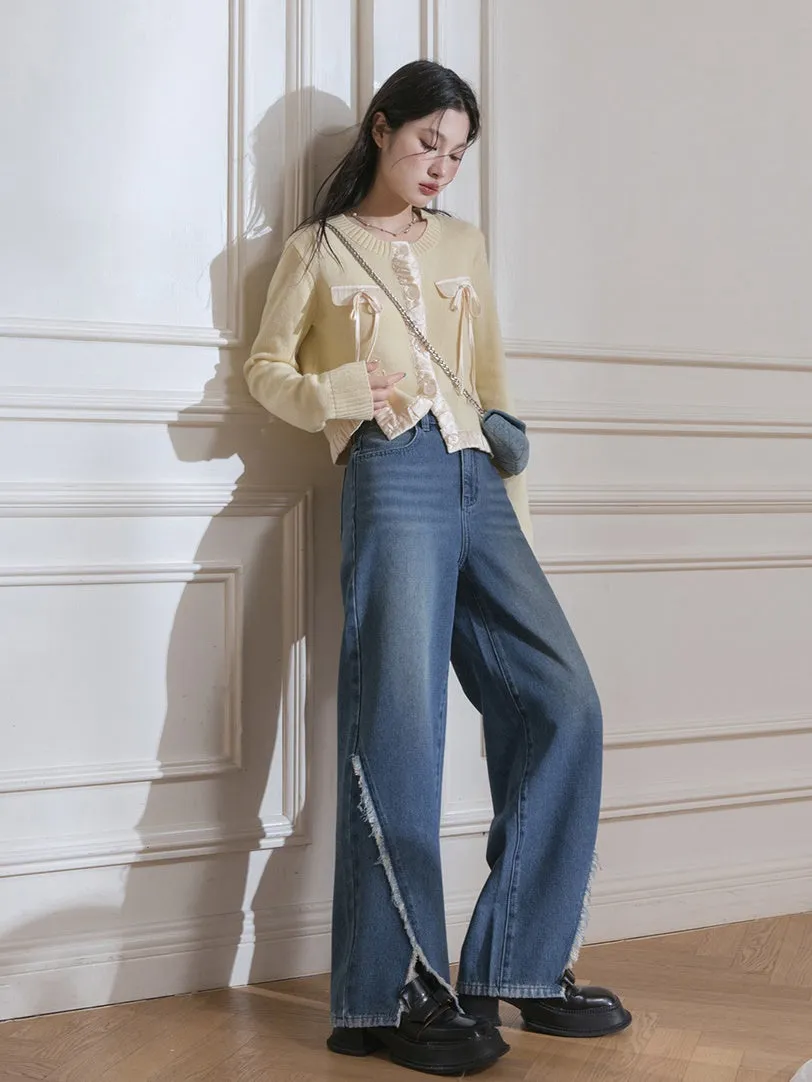 Raw Edge Slit Wide-leg Jeans