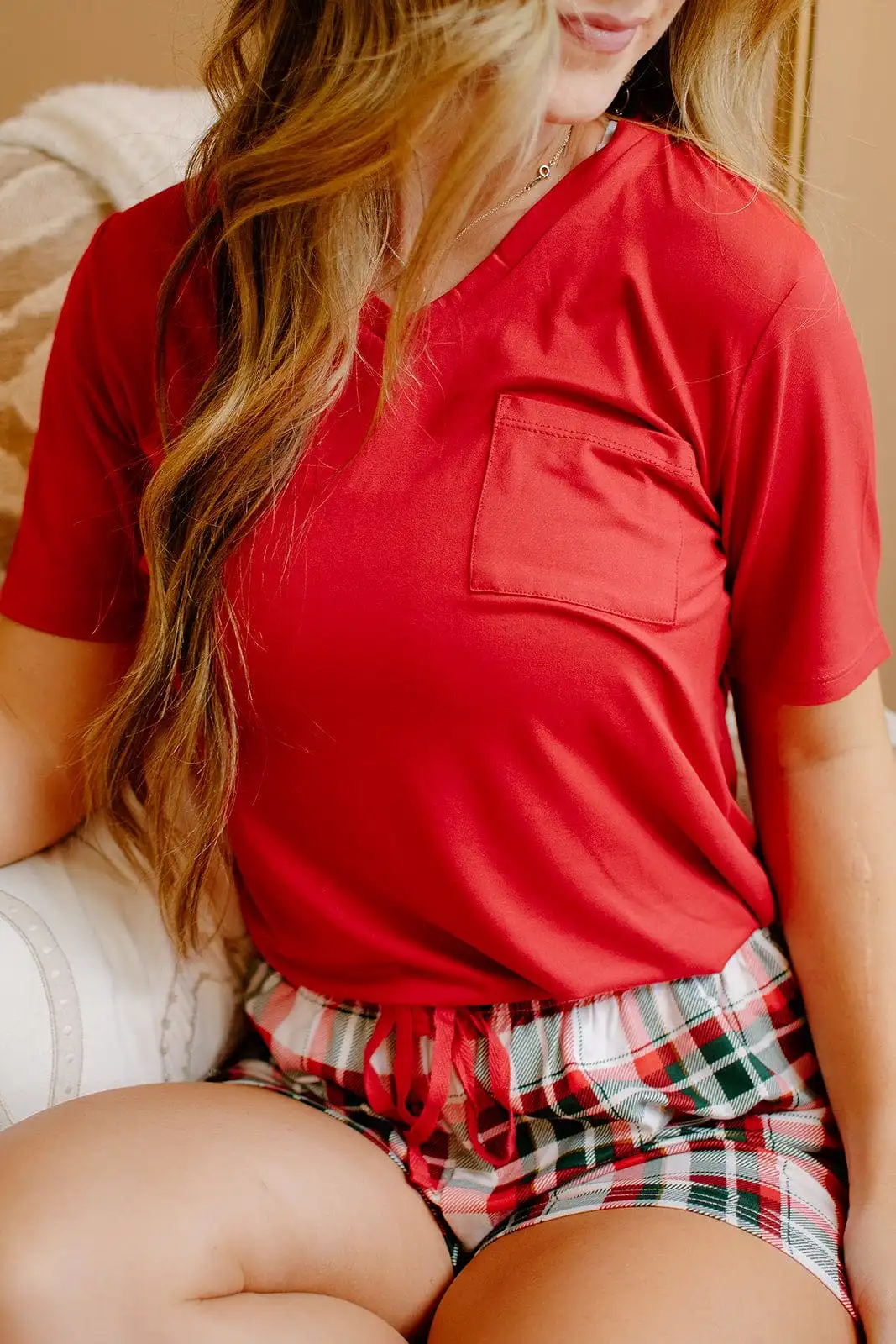 Red V Neck Pocket Tee