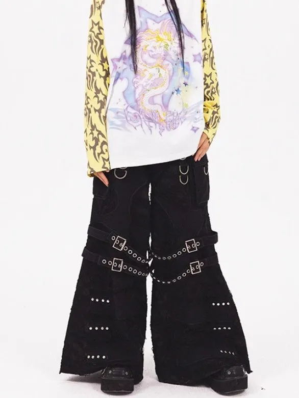 Ripped Strap Chain Wide-leg Jeans