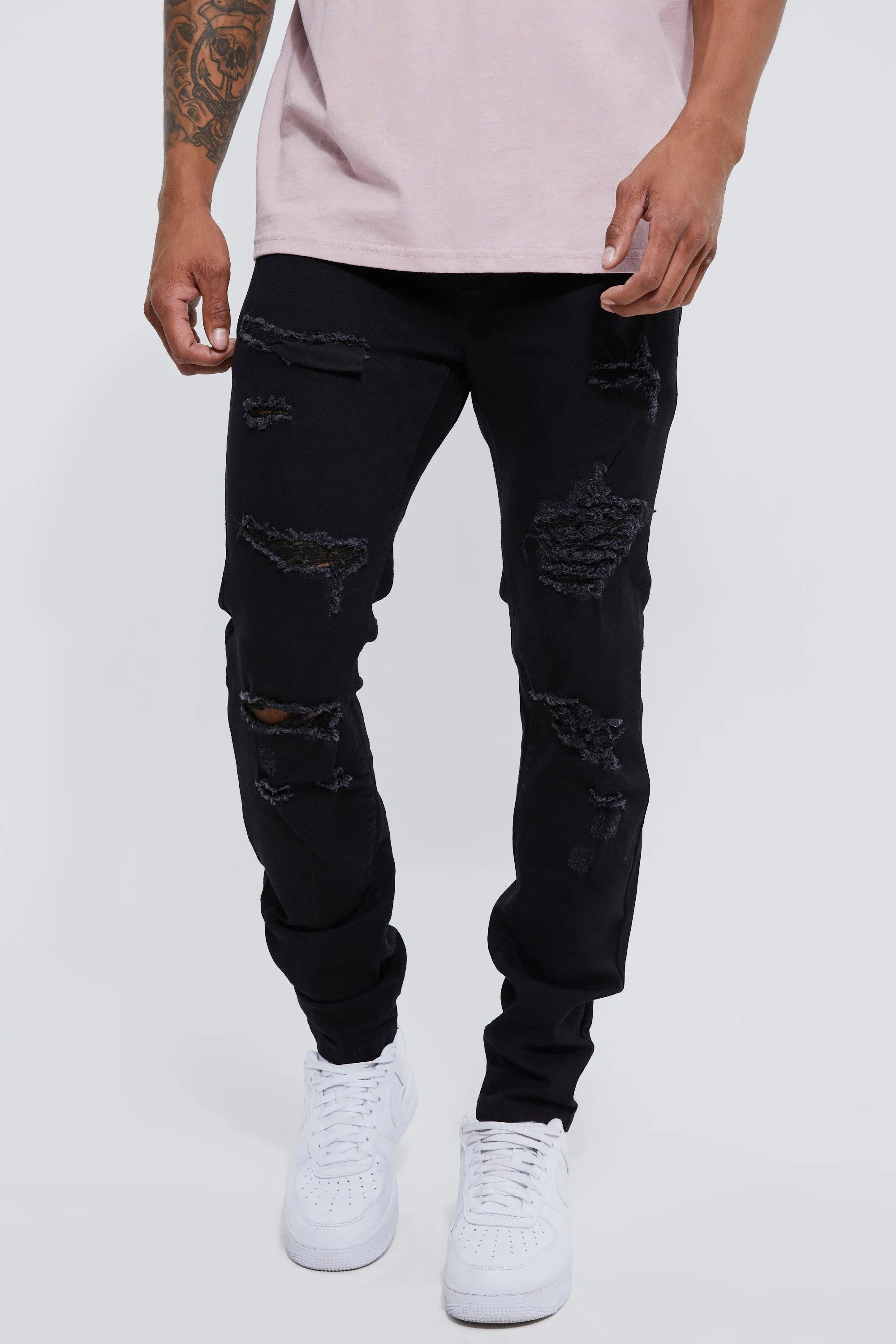 Skinny Stretch All Over Rip Jeans | boohooMAN UK