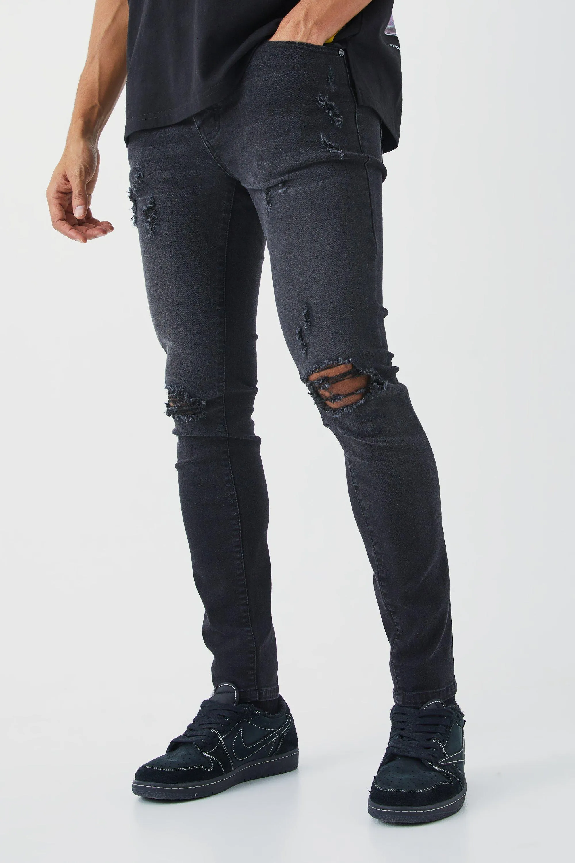 Skinny Stretch Extreme Knee Rip Jeans | boohooMAN UK