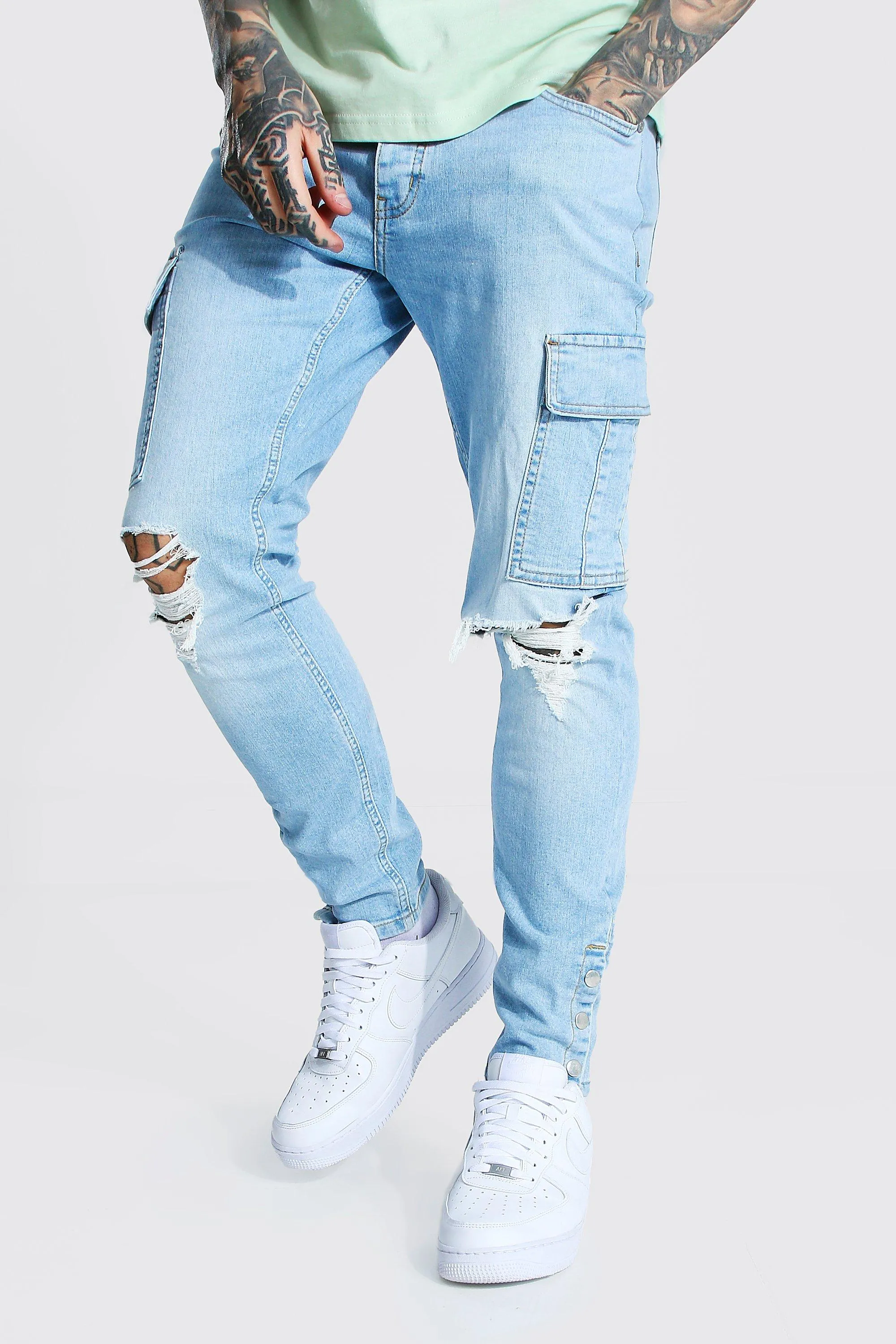 Skinny Stretch Popper Hem Cargo Jeans | boohooMAN UK