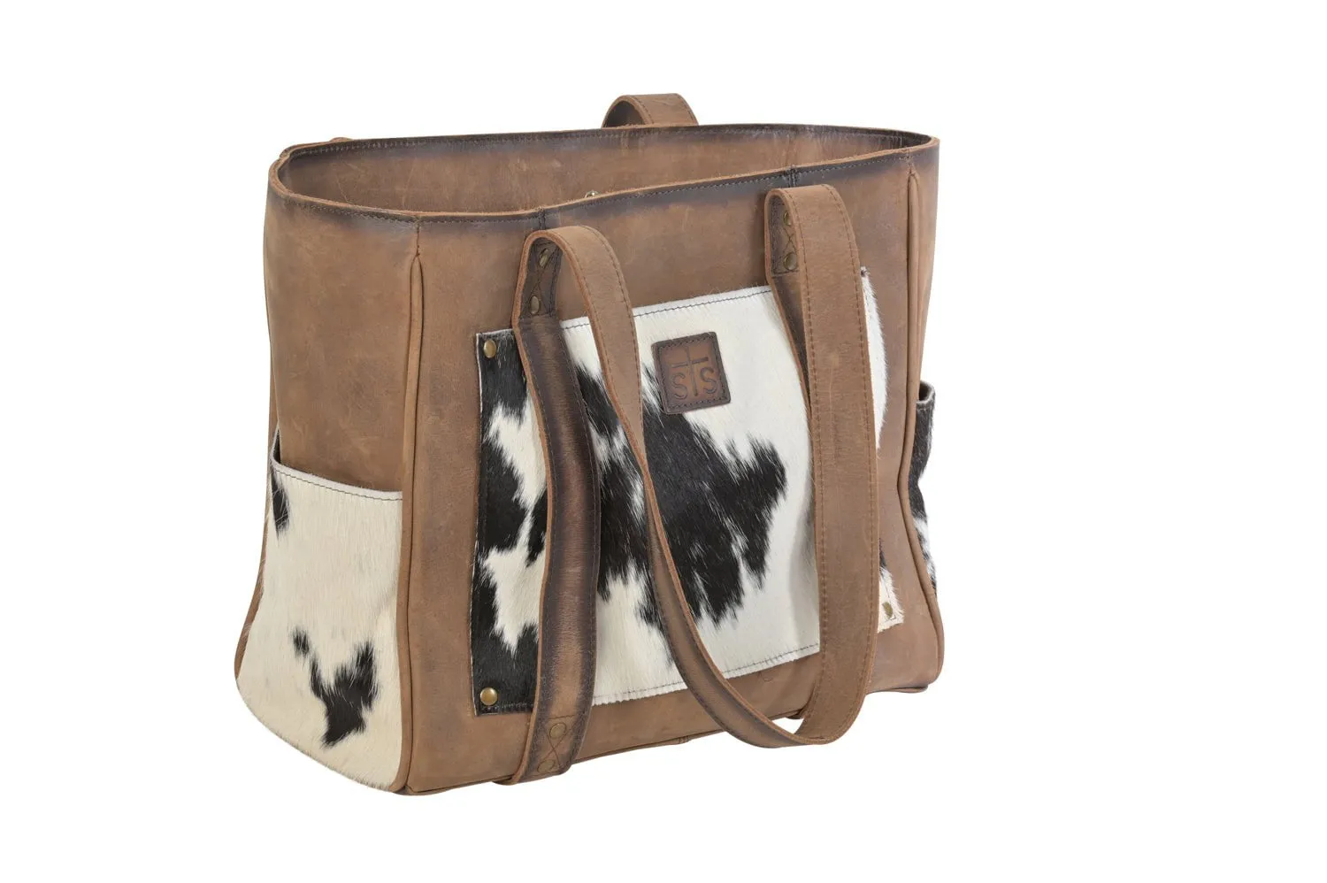 STS Ranchwear Womens Trinity Distressed Brown Cowhide Shoulder Tote Bag