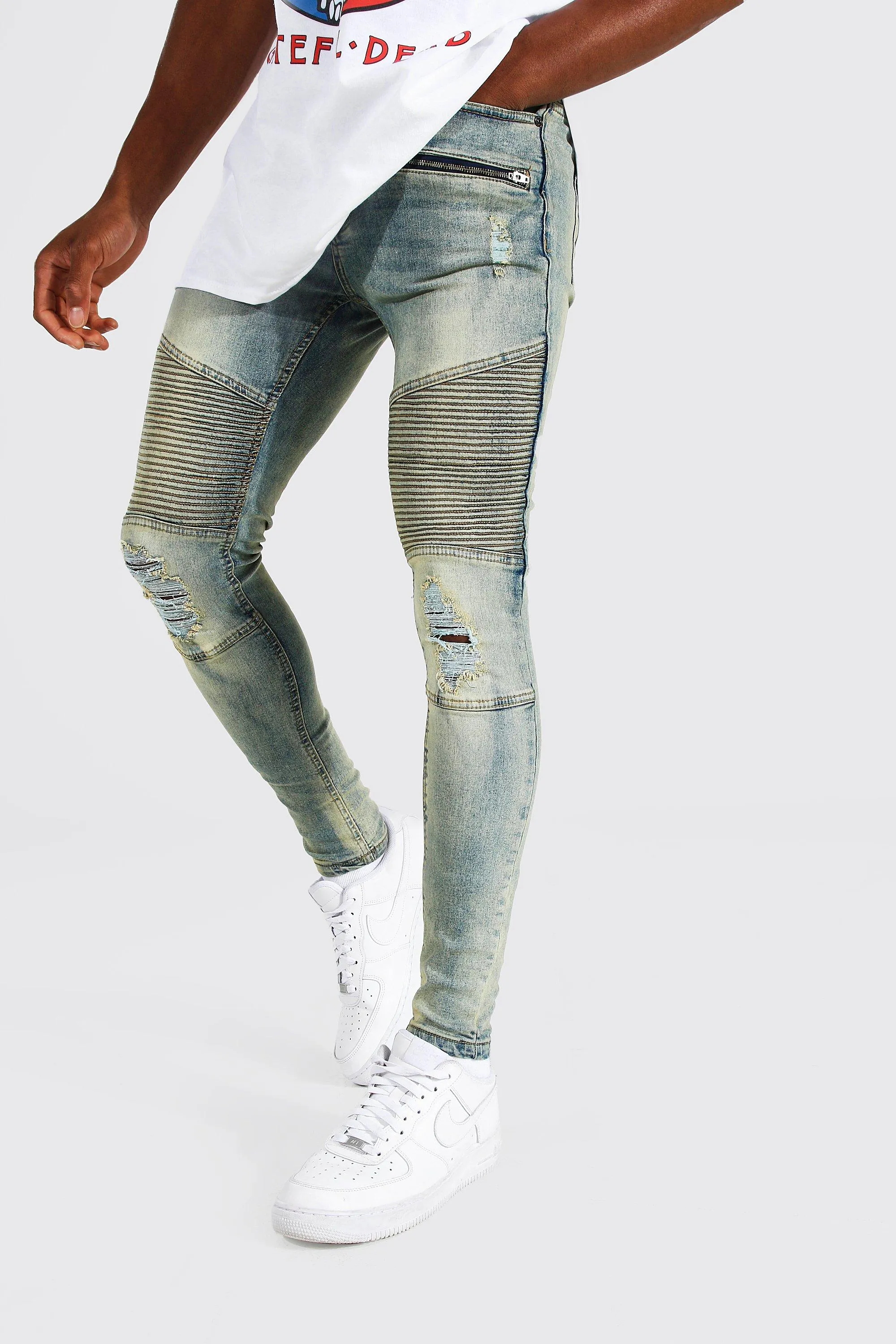 Super Skinny Zip Biker Jeans With Abrasions | boohooMAN UK