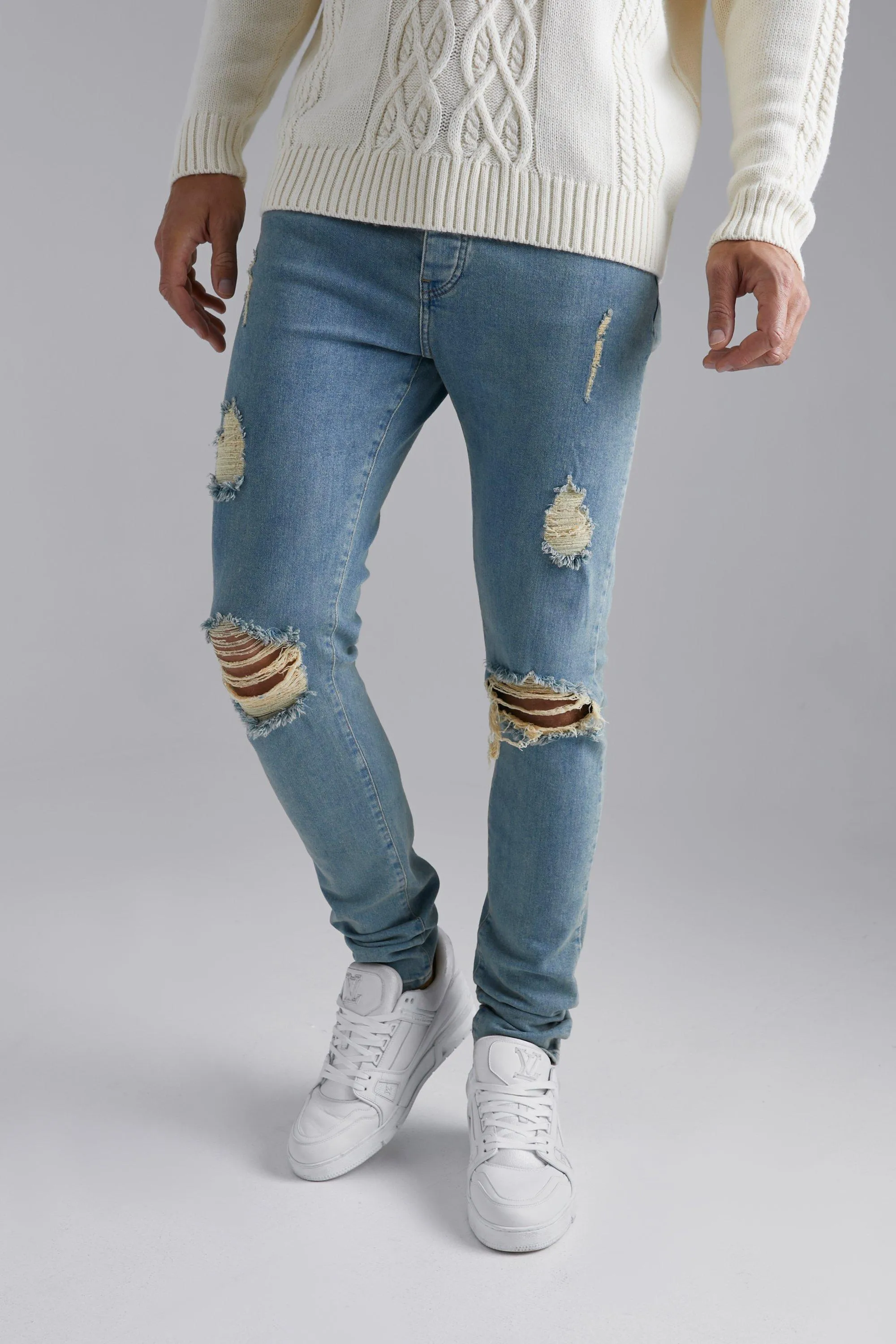 Tall Skinny Stretch Knee Rip Jeans | boohooMAN UK