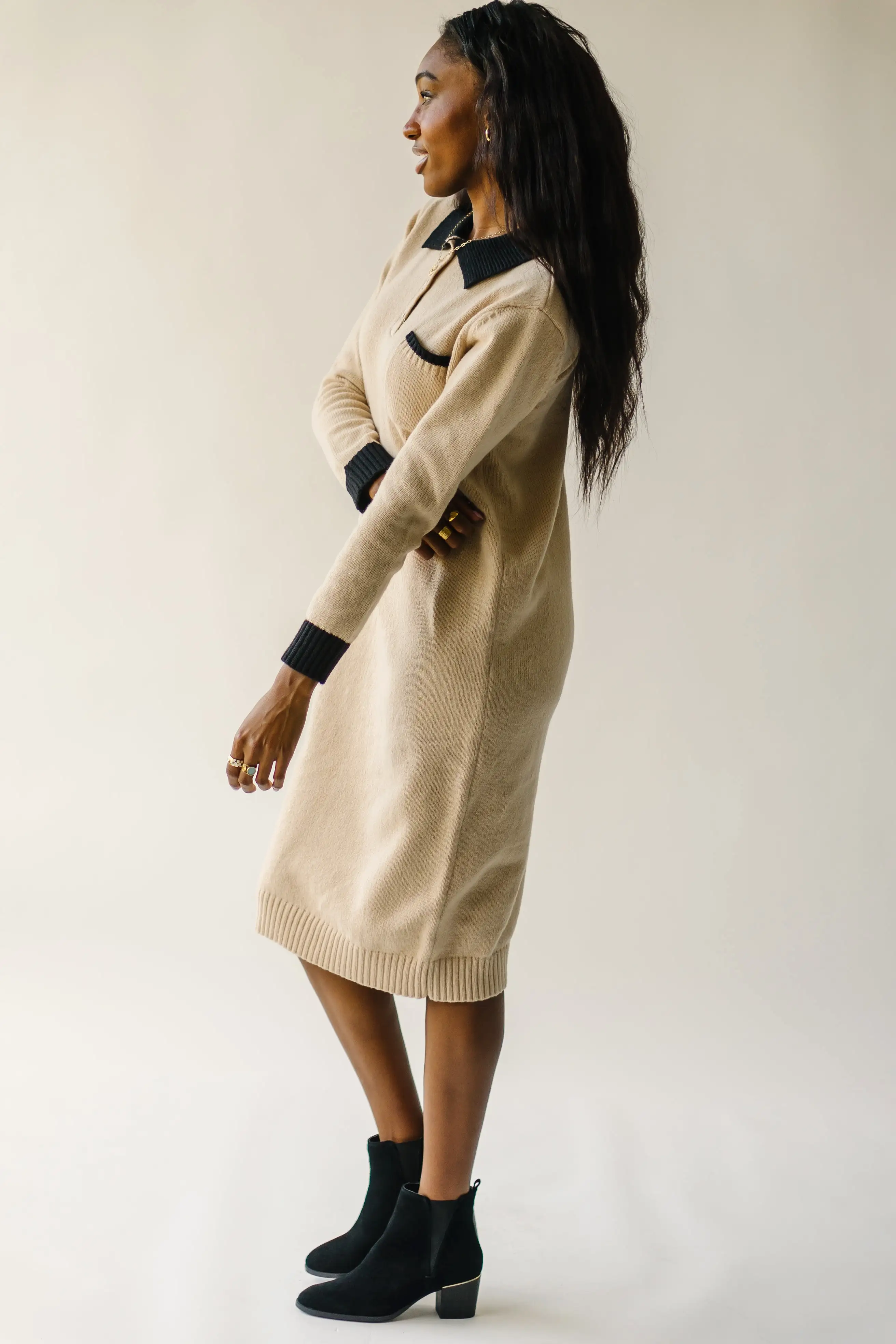 The Lismore Pocket Detail Sweater Dress in Tan