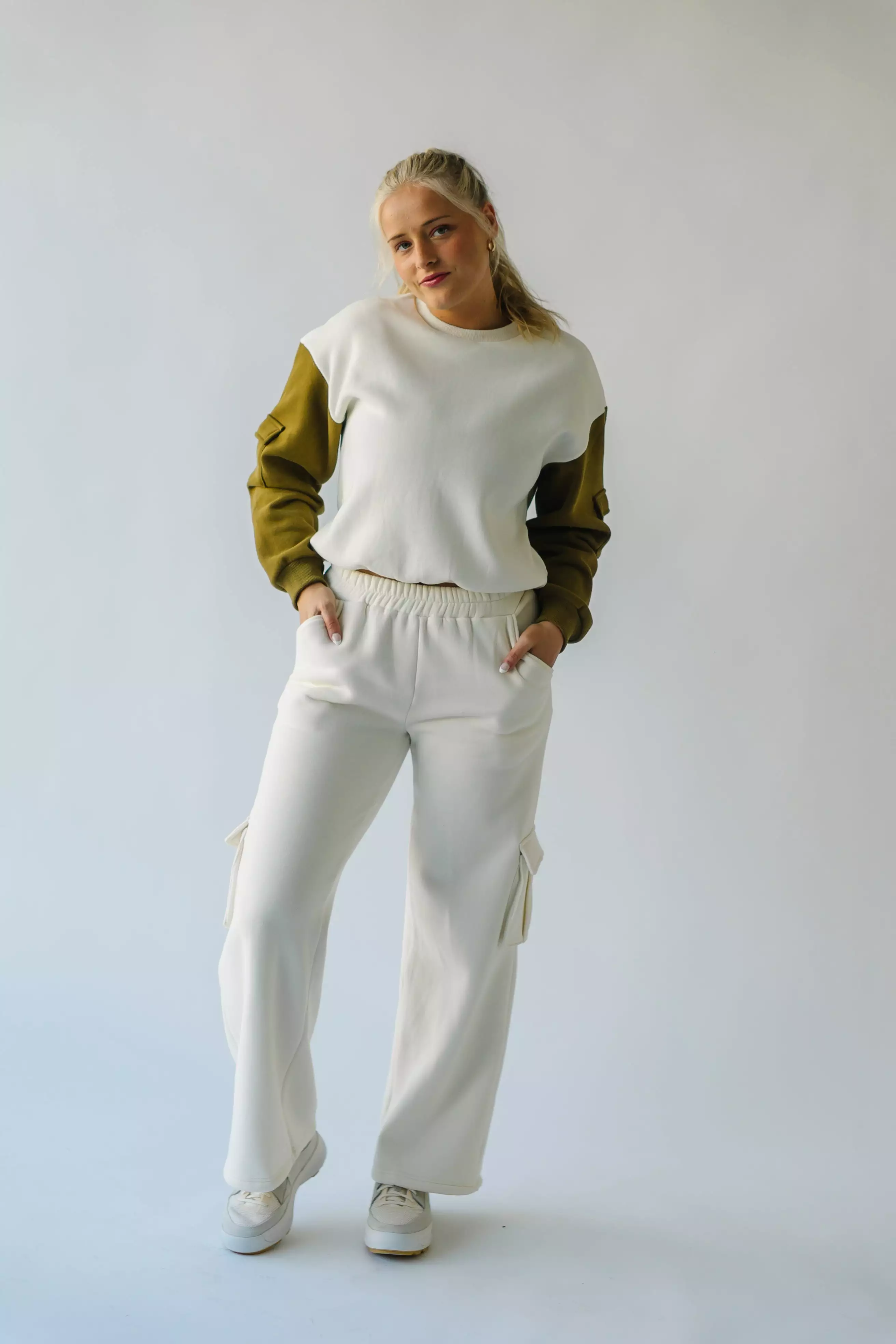 The Shannon Pocket Detail Pullover in Ivory + Olive