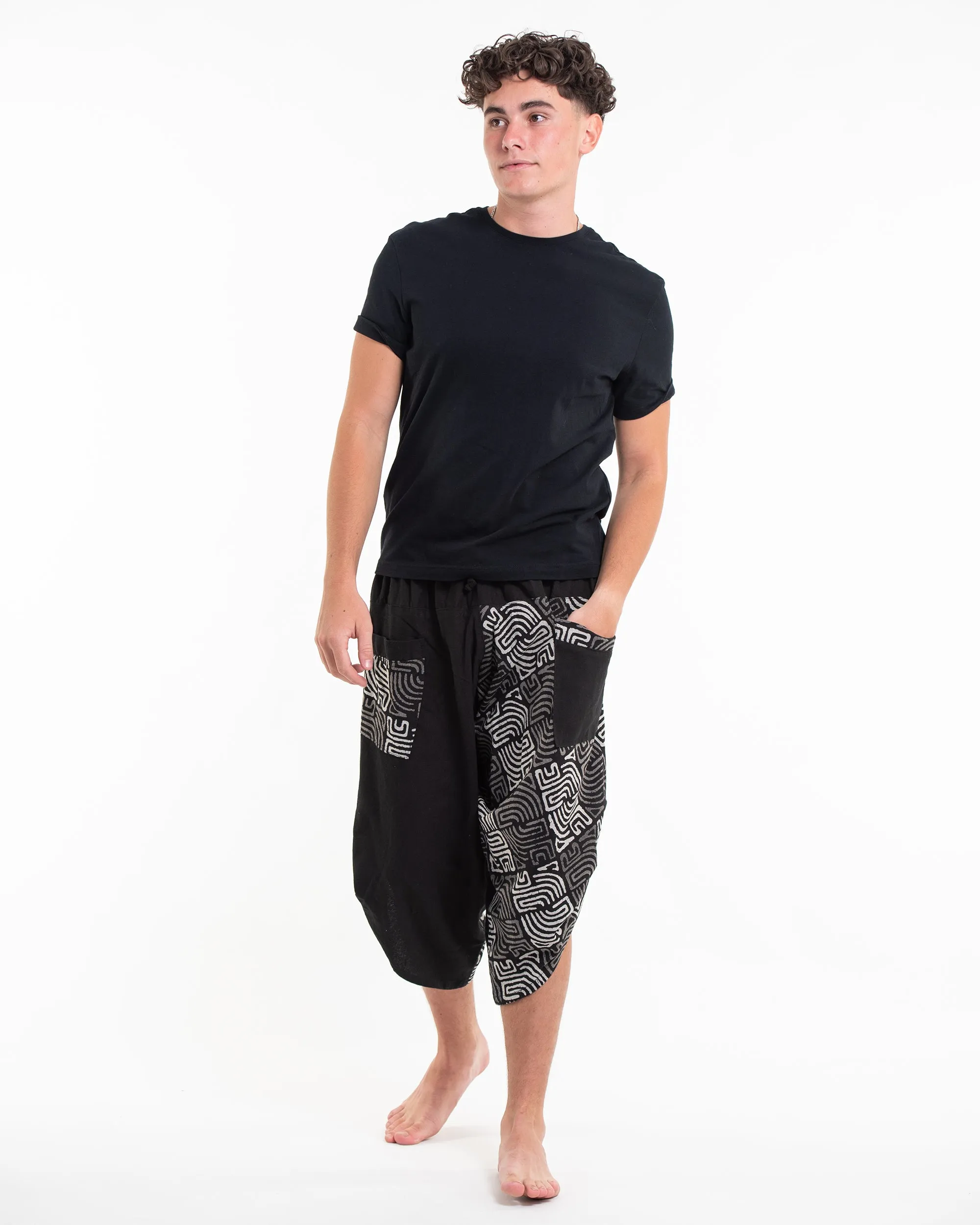 Two Tone Maze Print Men's Three Quarter Pants in Black