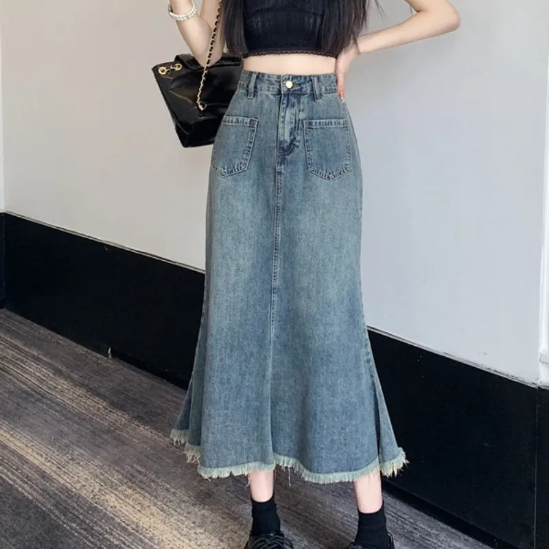 Vintage denim skirt women's new mid-length fishtail skirt trend in 2023 LL-501