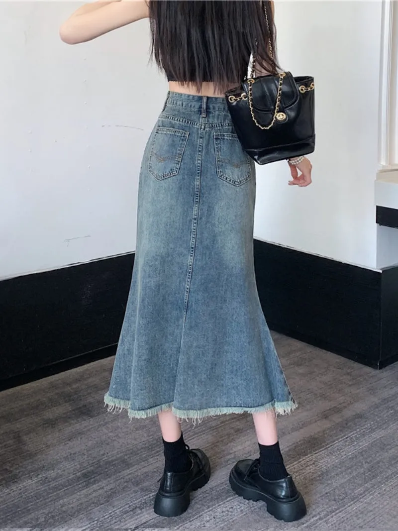 Vintage denim skirt women's new mid-length fishtail skirt trend in 2023 LL-501