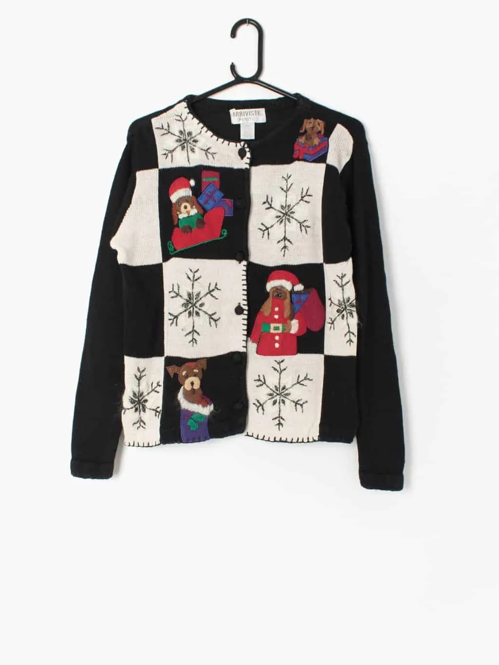 Vintage dog Christmas cardigan sweater with cute puppies and snowflakes black and white 90s – Medium