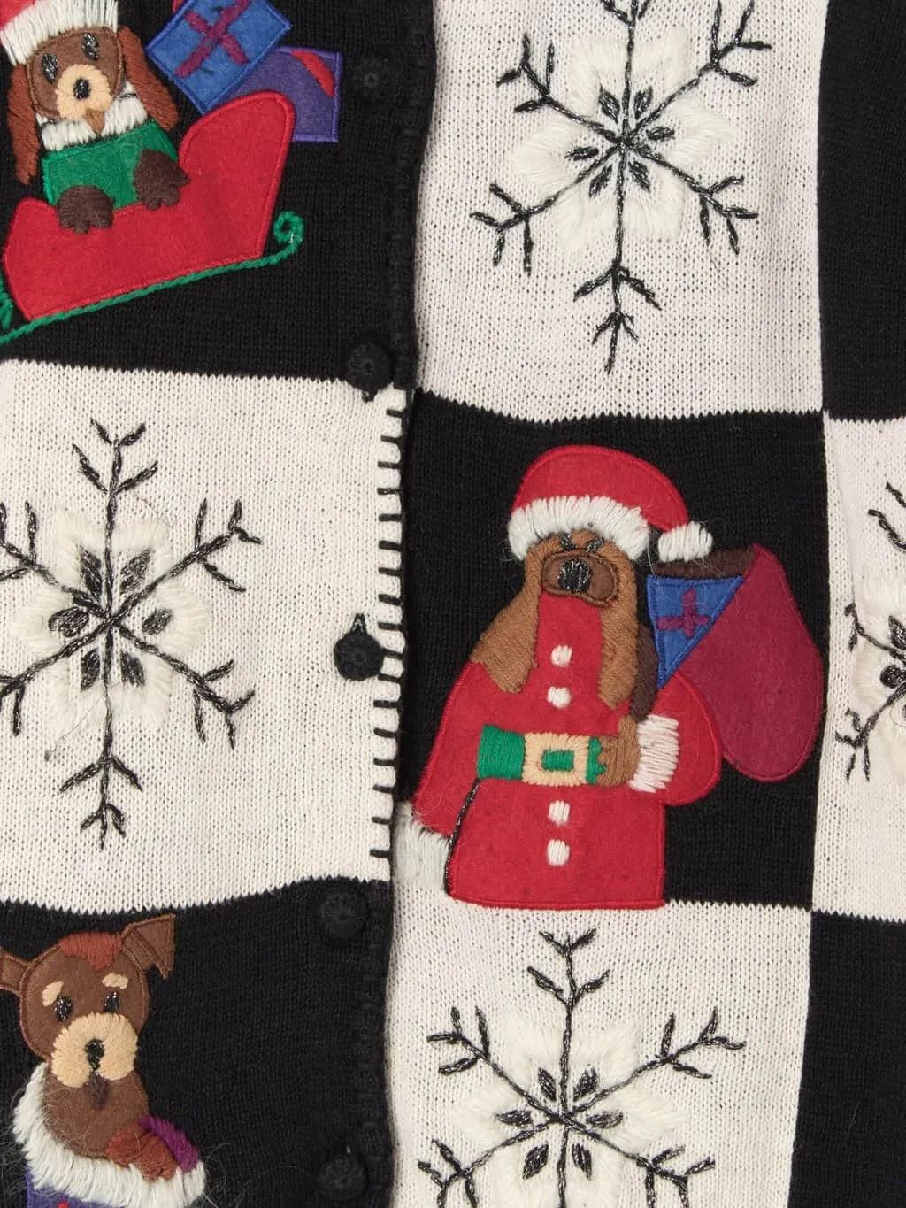 Vintage dog Christmas cardigan sweater with cute puppies and snowflakes black and white 90s – Medium