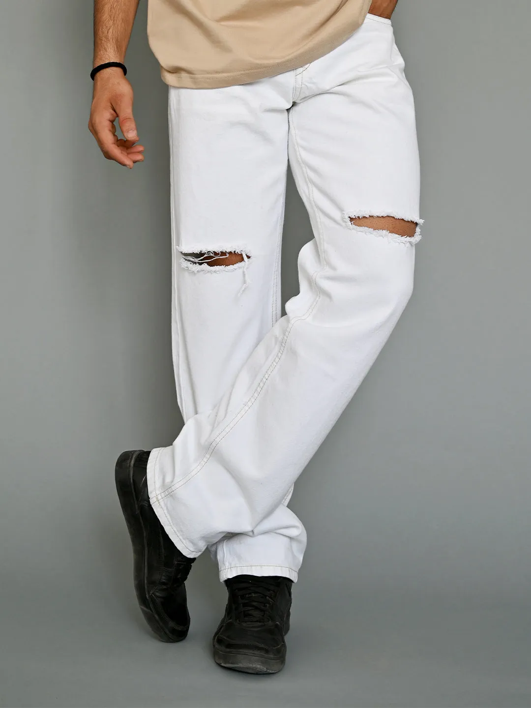 White Knee Cut Mens Jeans