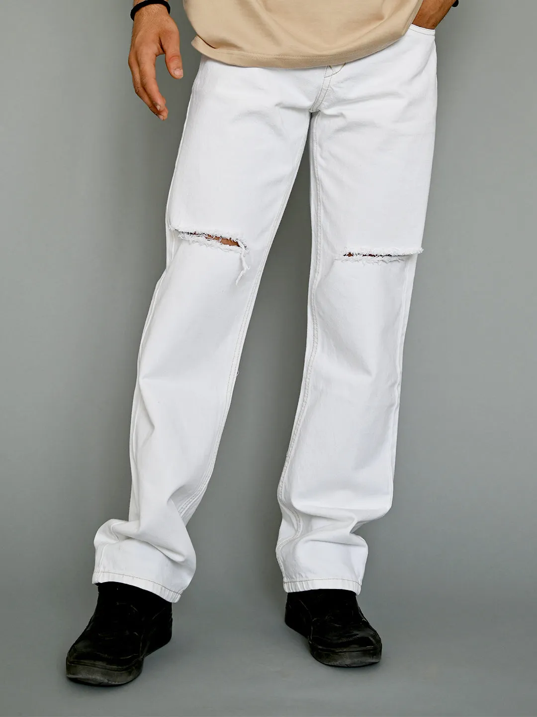 White Knee Cut Mens Jeans