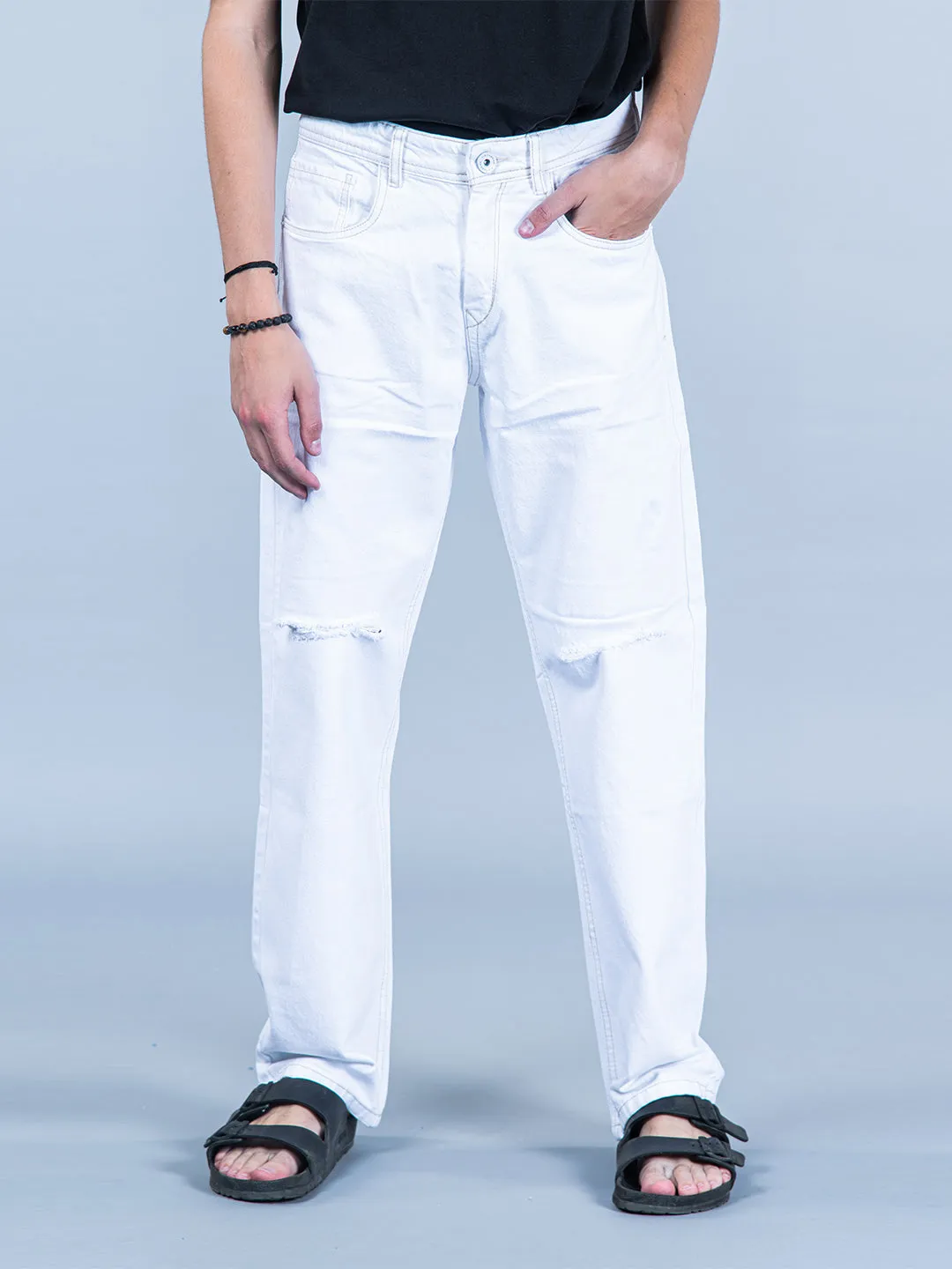 White Knee Cut Mens Jeans