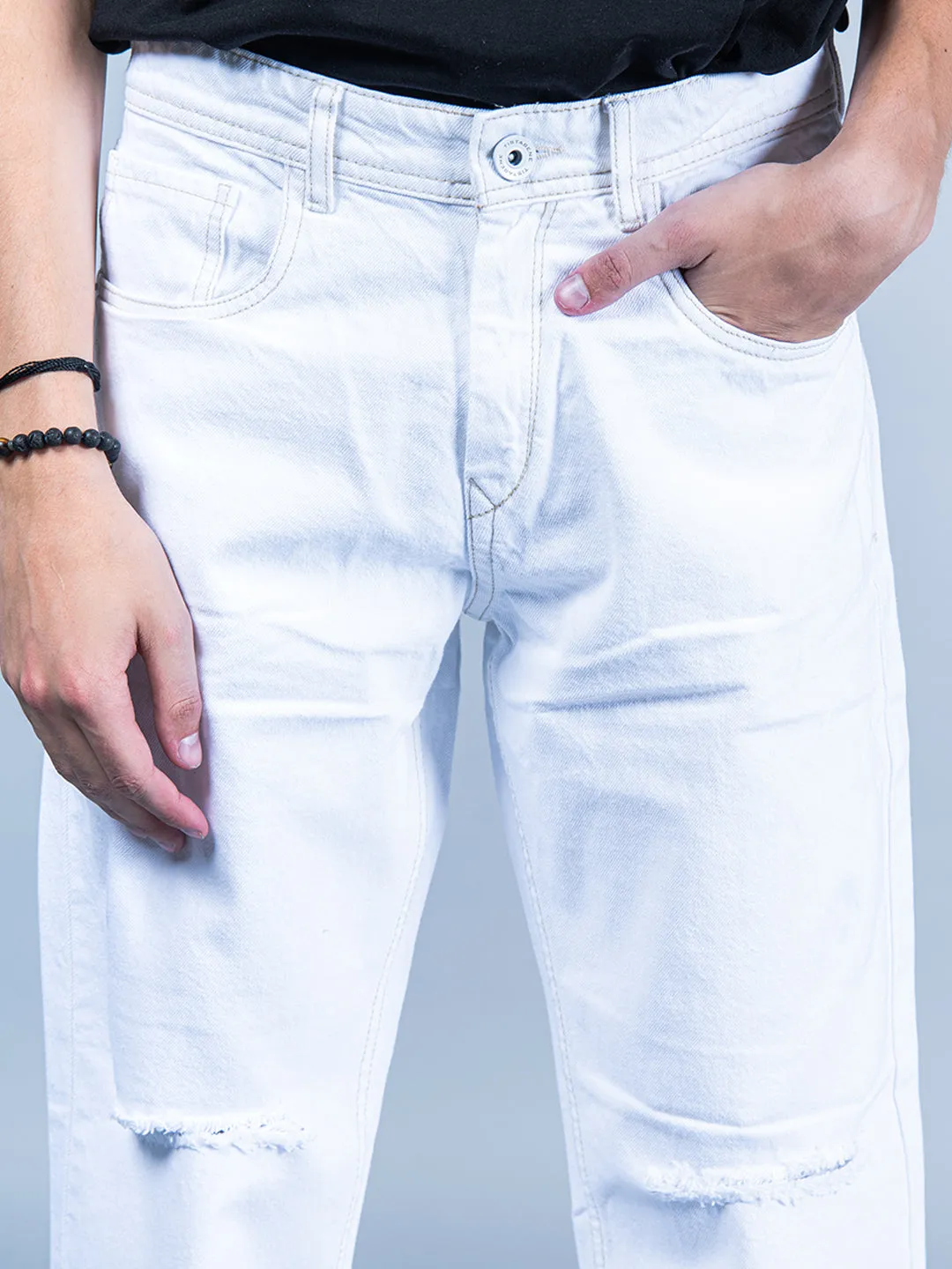 White Knee Cut Mens Jeans