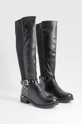 Wide Width Buckle Detail Panel Knee High Boots