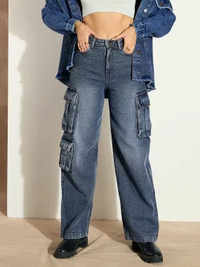 Women Blue Washed Denim Cargo Jeans