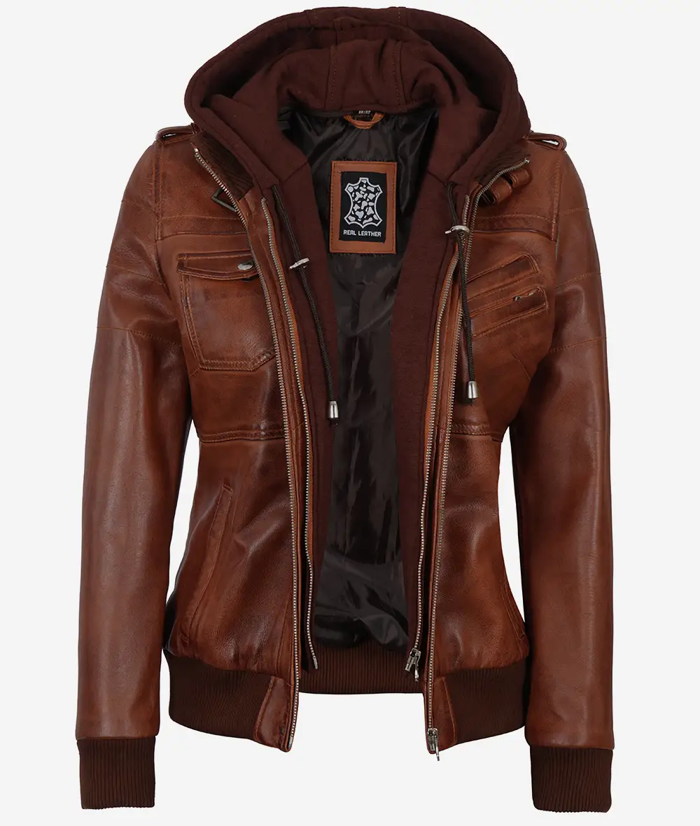 Womens Cognac Leather Bomber Jacket With Removable Hood