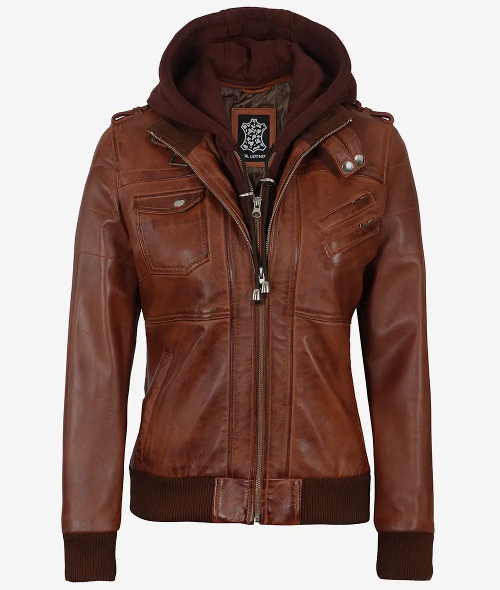 Womens Cognac Leather Bomber Jacket With Removable Hood