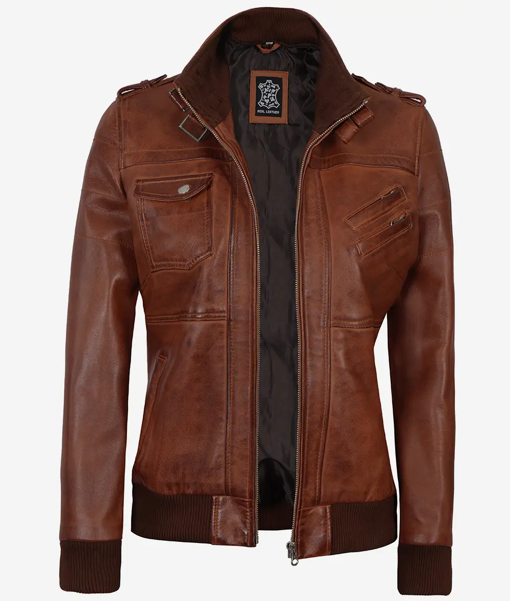 Womens Cognac Leather Bomber Jacket With Removable Hood