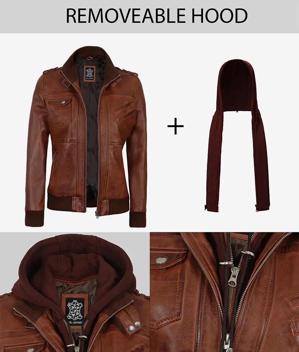 Womens Cognac Leather Bomber Jacket With Removable Hood