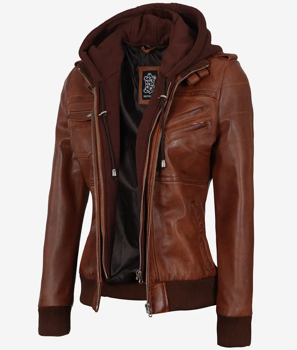 Womens Cognac Leather Bomber Jacket With Removable Hood