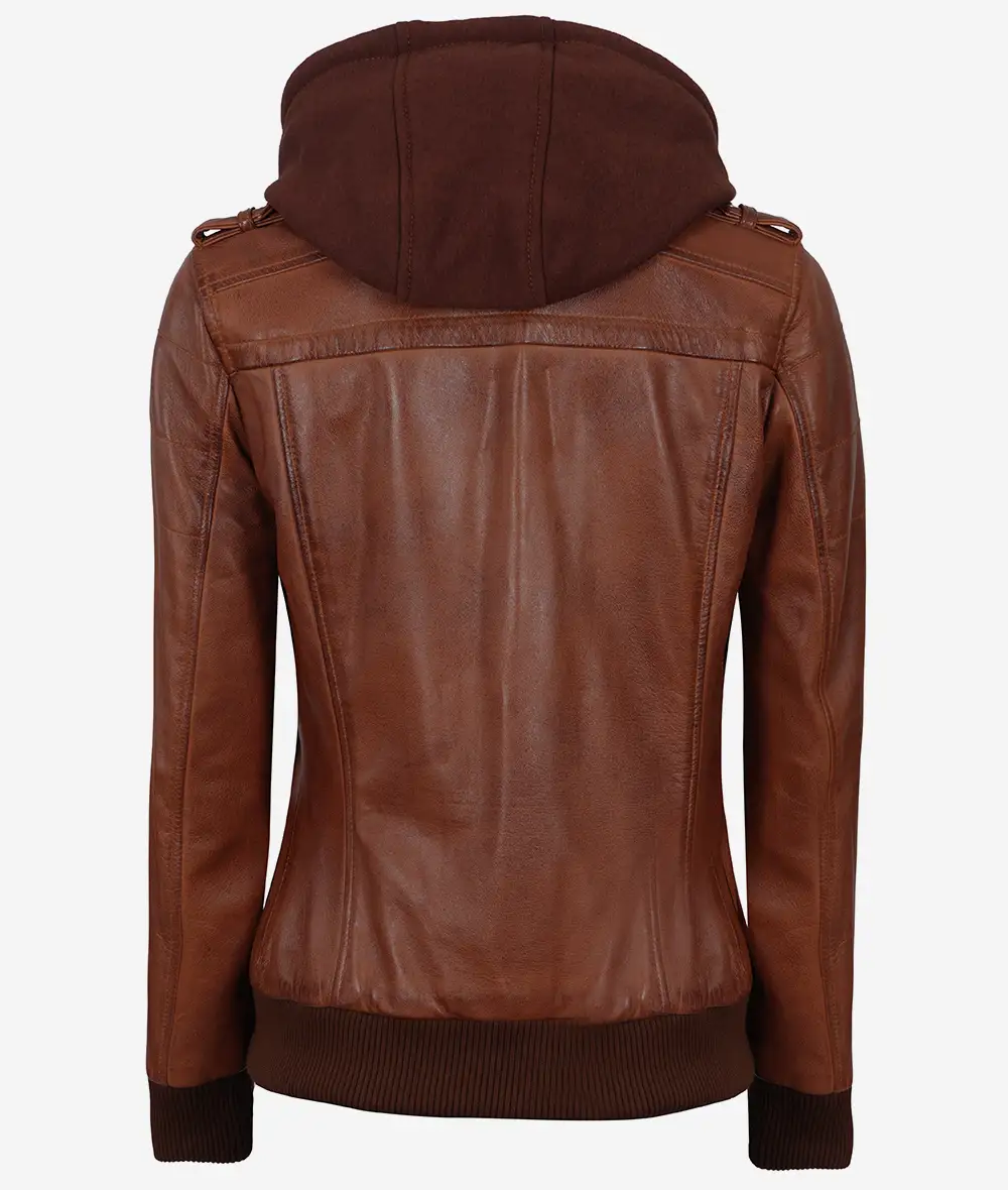 Womens Cognac Leather Bomber Jacket With Removable Hood