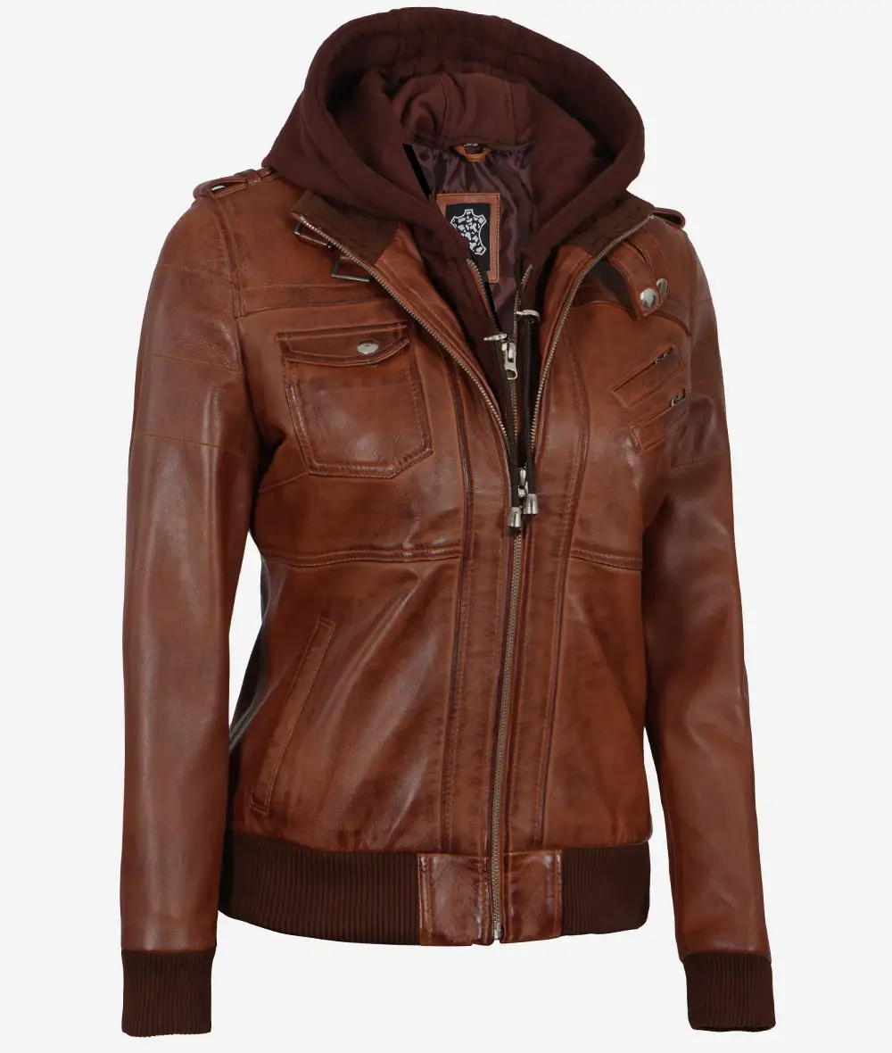 Womens Cognac Leather Bomber Jacket With Removable Hood