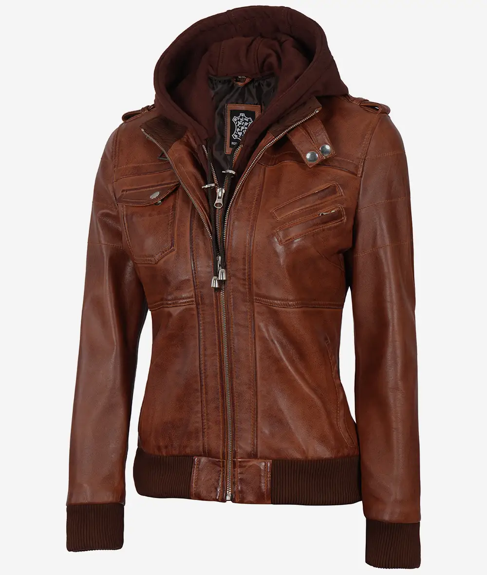 Womens Cognac Leather Bomber Jacket With Removable Hood