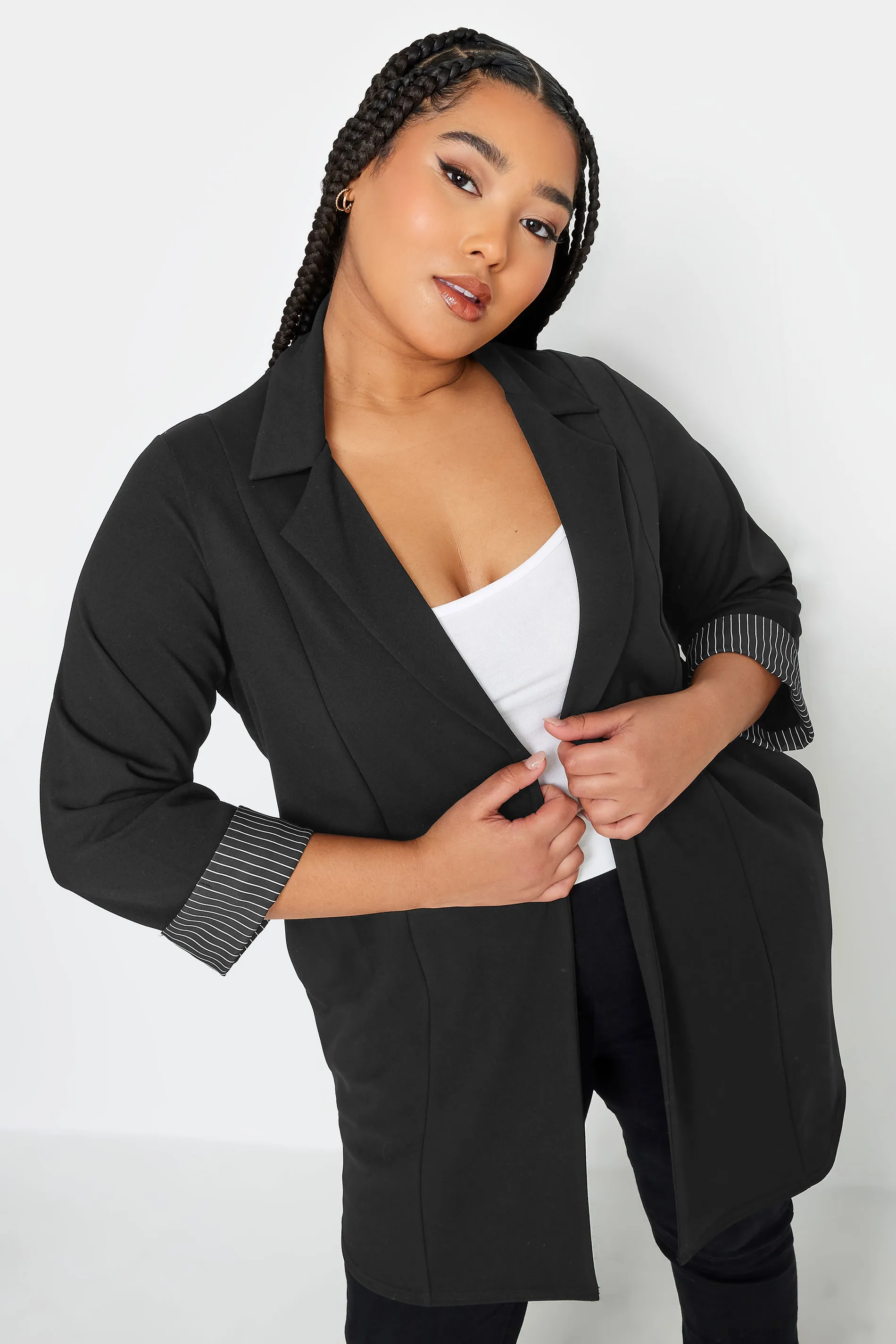 YOURS Curve Black Pinstripe Turn Up Sleeve Blazer