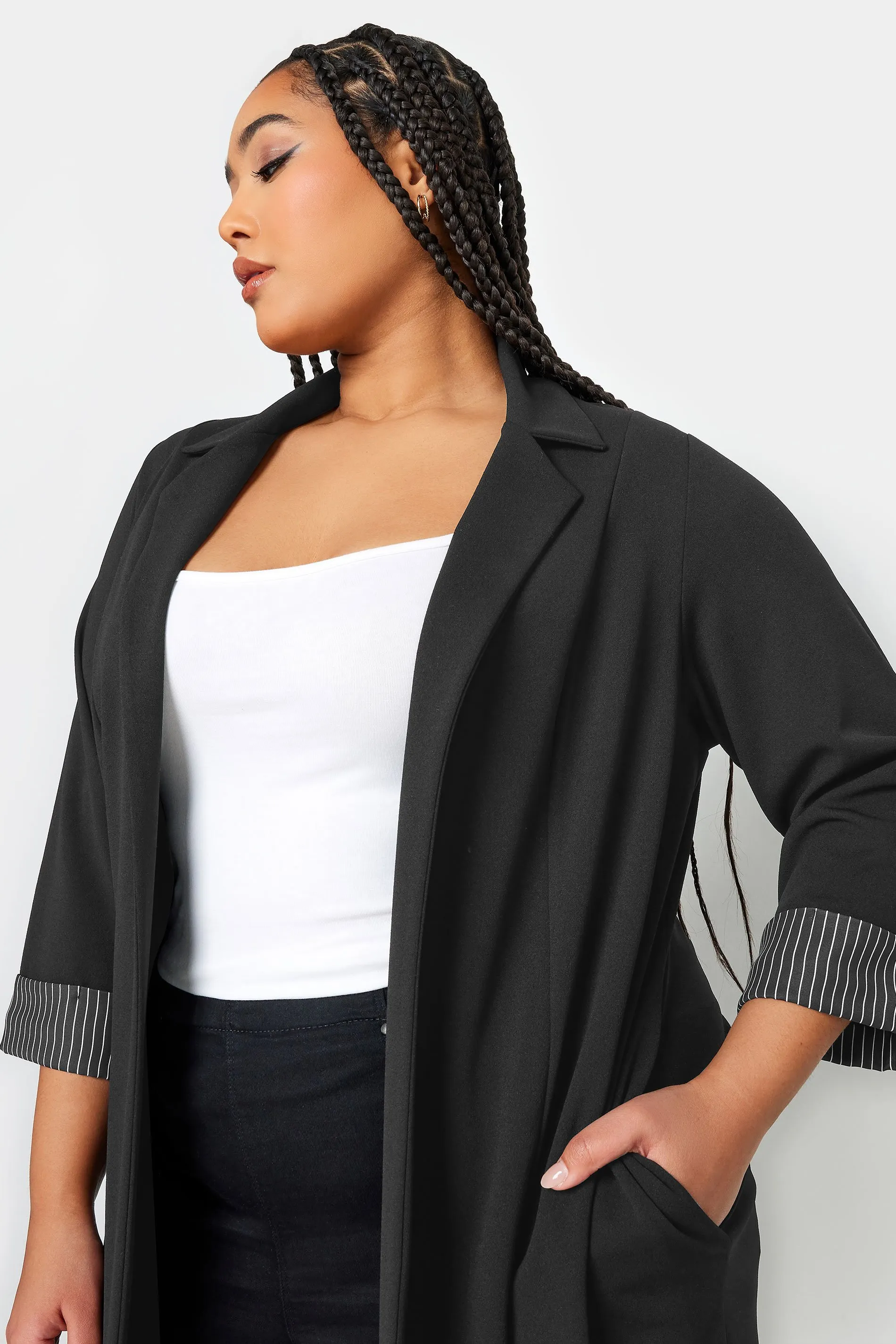 YOURS Curve Black Pinstripe Turn Up Sleeve Blazer